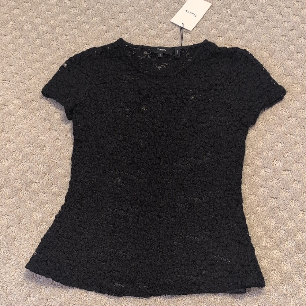 Theory Black Lace Stretch T-shirt NWT